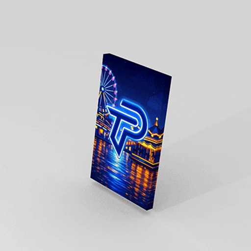 PvP Land Boardwalk cloak with a neon blue logo above a waterfront amusement park